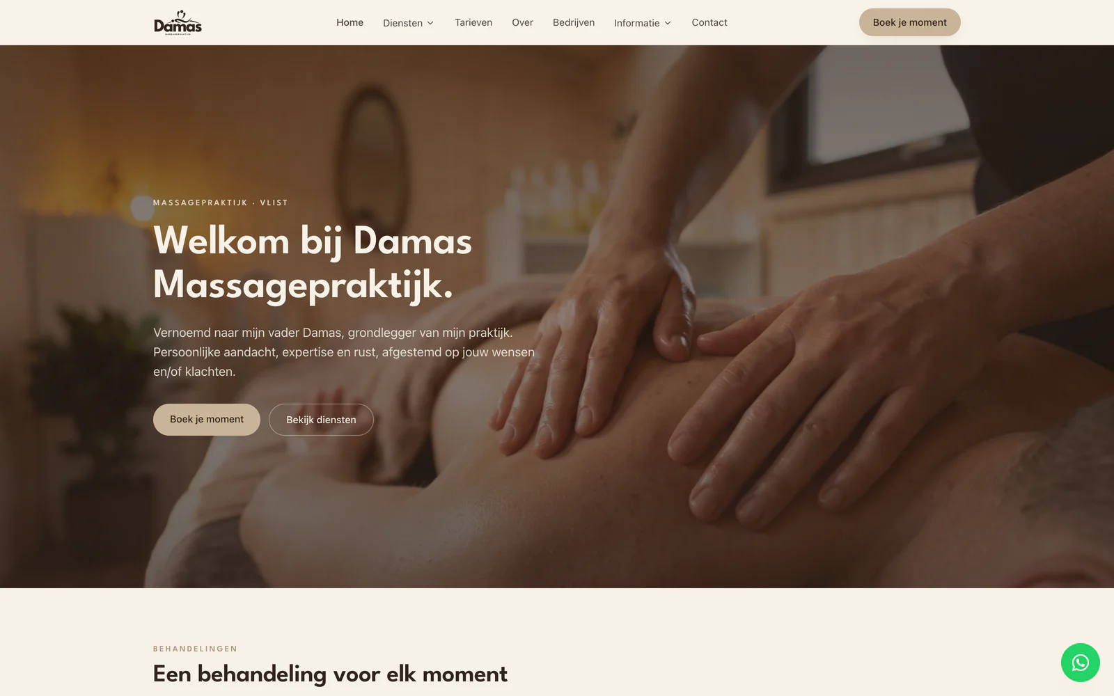 Screenshot van de Damas Massagepraktijk-website met welkomstsectie